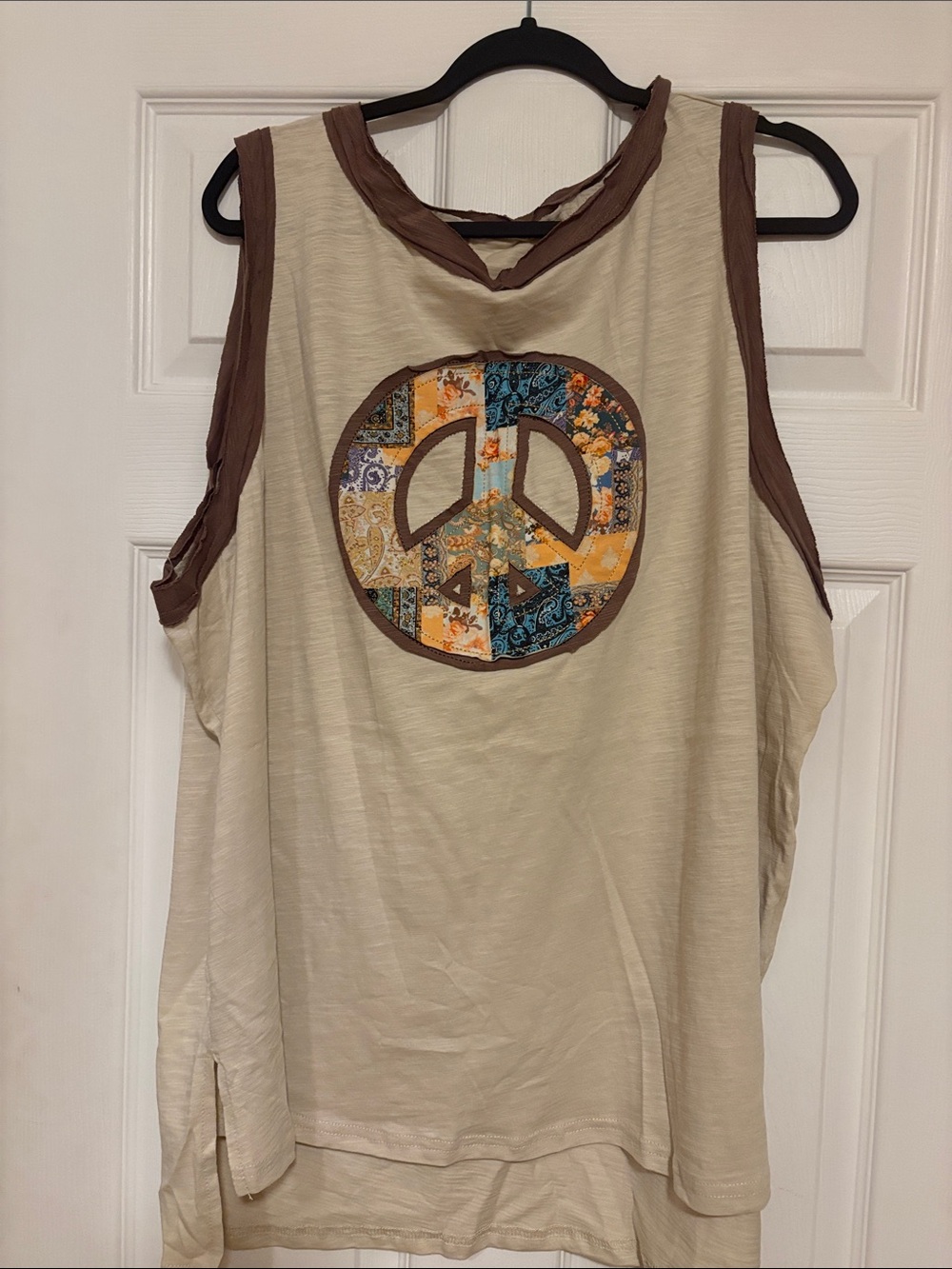 SHEIN 100% Cotton Tan Tank with Brown Trim & Patchwork Peace Motif